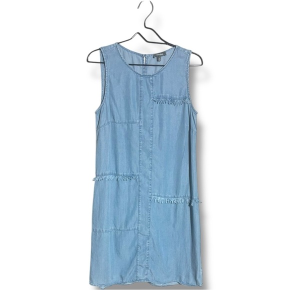 Neiman Marcus Light Denim Patchwork Thick Strap Sleeveless Crew Neck Mini Dress - Picture 13 of 16
